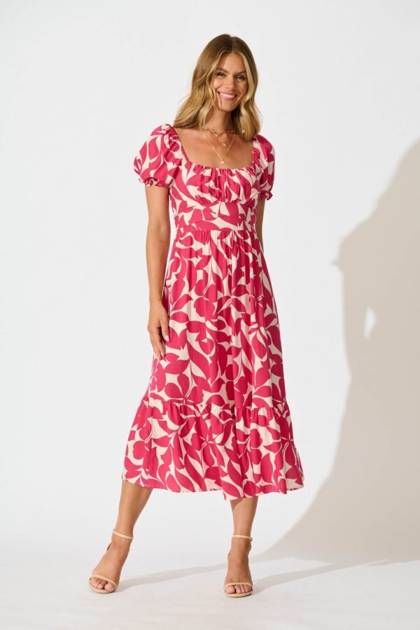 Midi Dress In Pink Leaf
