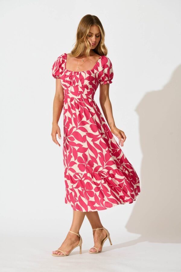 Midi Dress In Pink Leaf