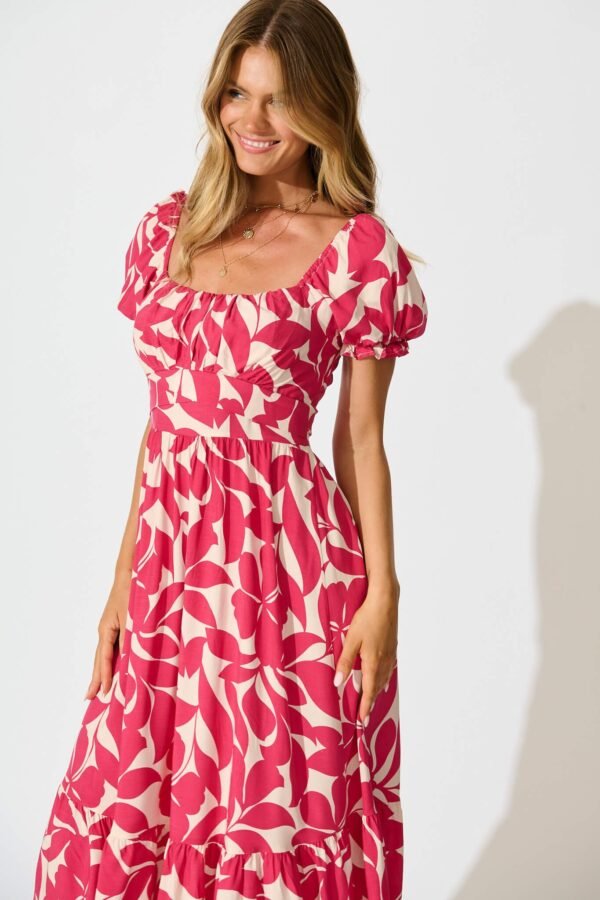 Midi Dress In Pink Leaf