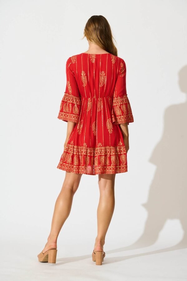 Dress In Red With Gold Print