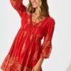 Dress In Red With Gold Print