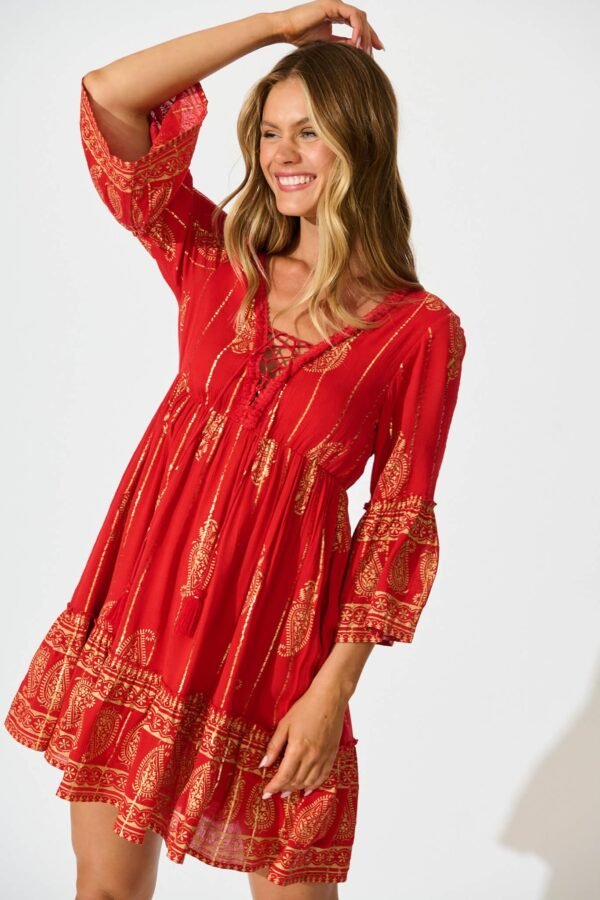 Dress In Red With Gold Print