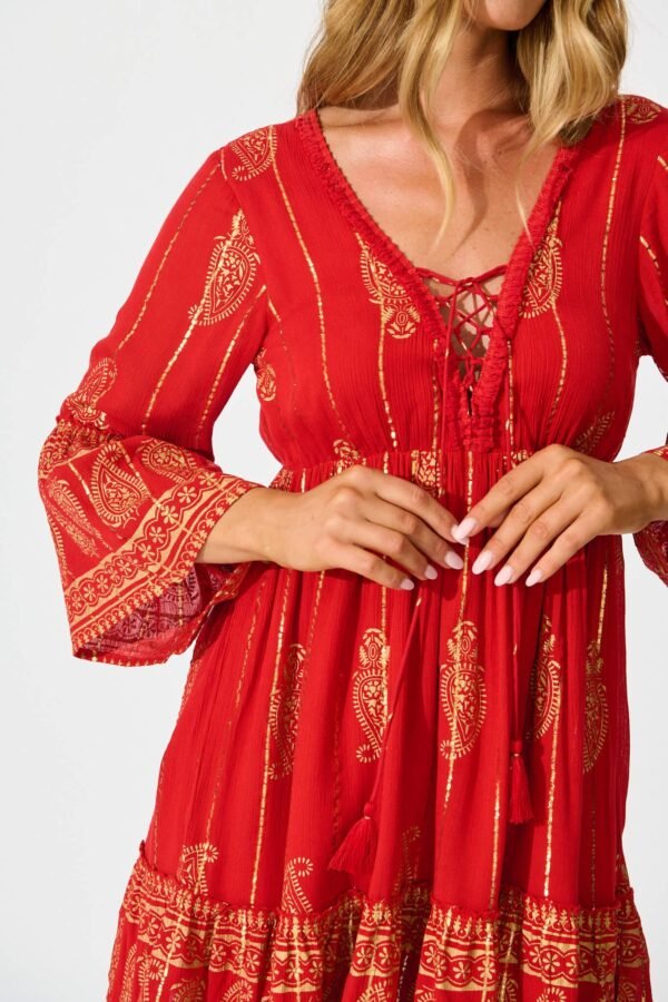 Dress In Red With Gold Print
